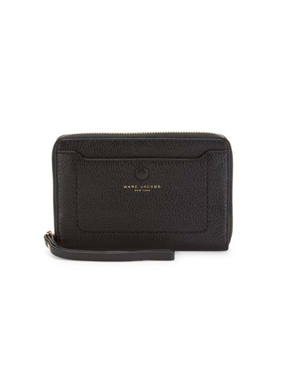 MARC JACOBS Empire City Black Pebbled Leather Wristlet Gold Logo
